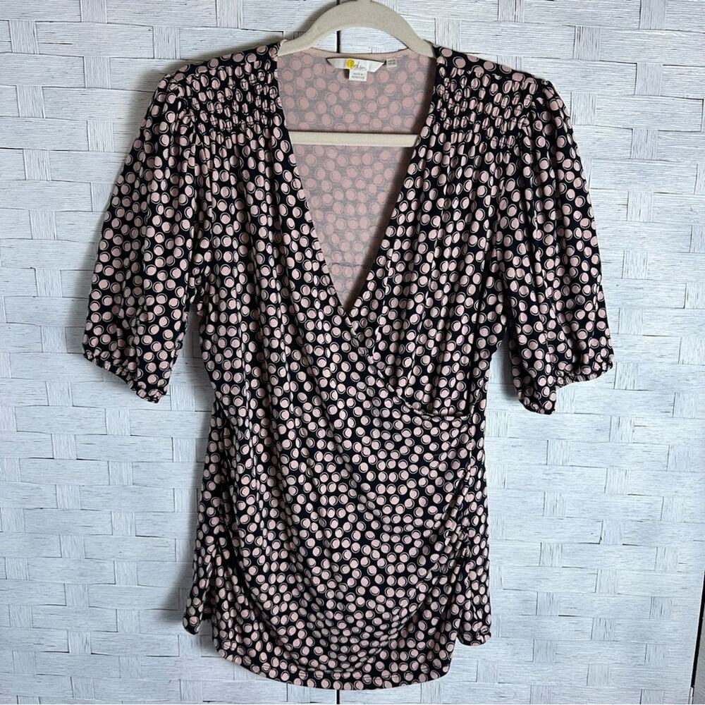 Boden 'Joanna' stretch faux wrap top ruching puff sleeve bubble print soft